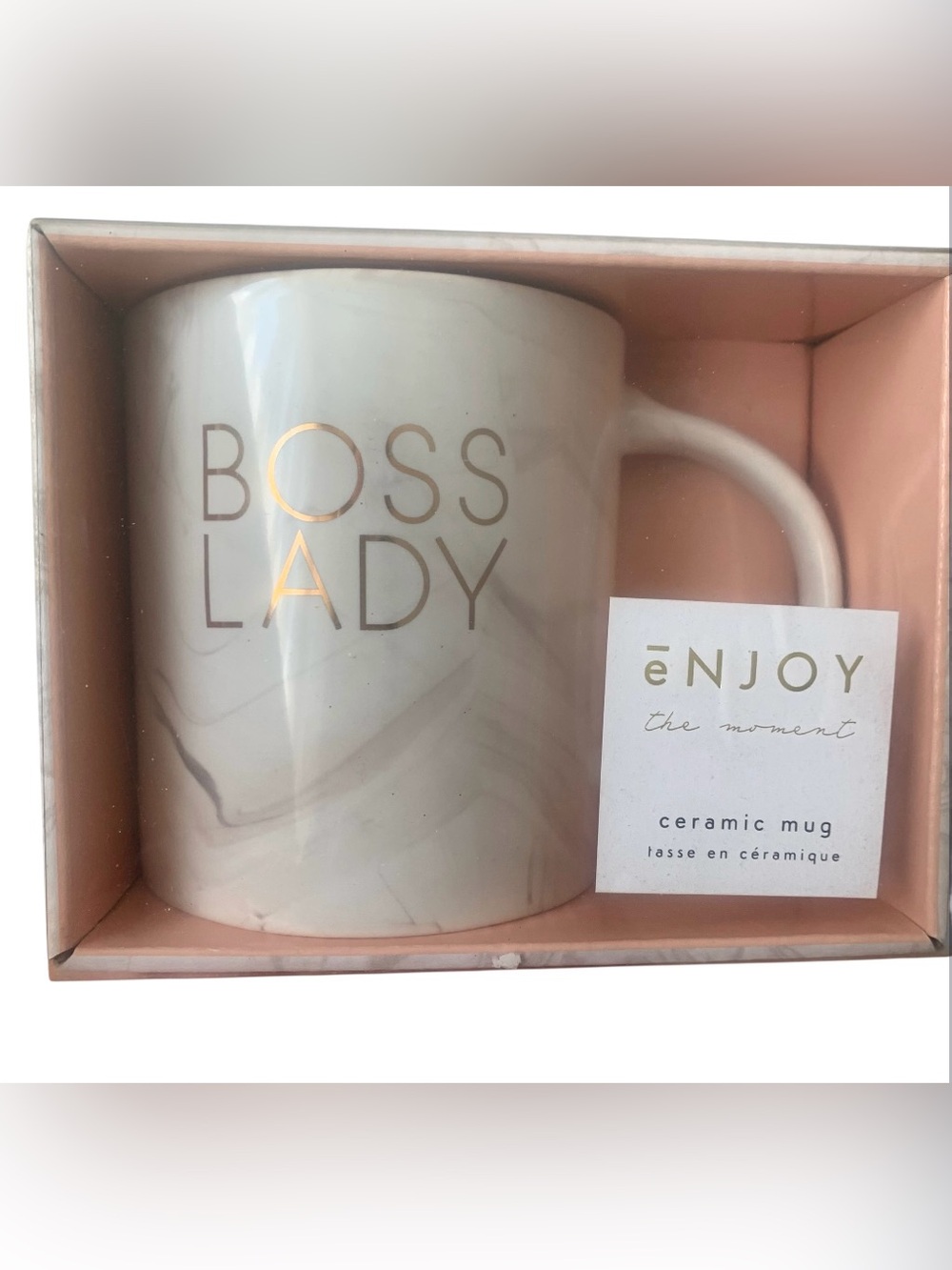 Boss Lady White Marble Look Ceramic Coffee Mug Cup Featuring Gold Text Boxed